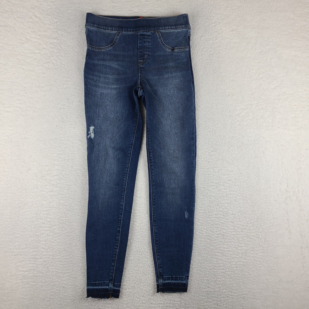 SPANX Pull On Jeans Womens Small‎ Blue Skinny Jegging Distress Fray Dark Wash